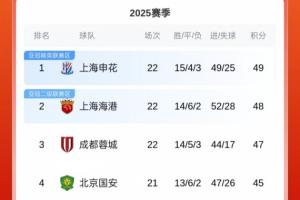 争冠白热化！中超积分榜：申花49分榜首，海港48分，蓉城47分