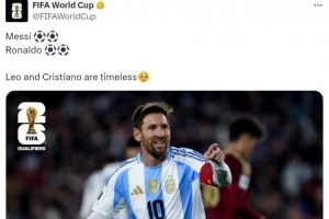 世预赛梅开二度！世界杯官方晒梅西、C罗照片：梅罗永恒