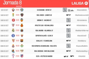 西甲官方公布联赛第8轮赛程：皇马主场迎黄潜，巴萨客战塞维利亚