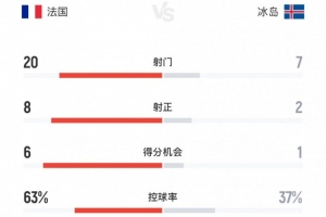 法国vs冰岛全场数据：射门20-7，射正8-2，控球率63%-37%