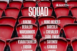 巴黎联赛大名单：K77、李刚仁、维蒂尼亚入选 登贝莱、杜埃伤缺