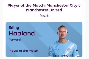 梅开二度！哈兰德当选英超官方评曼市德比全场最佳，获82%投票