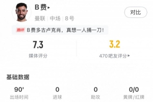 B费数据：1射门，2关键传球，丢失球权20次，评分7.3