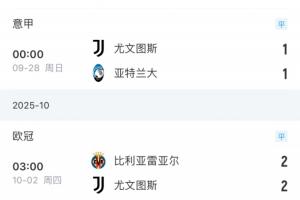 平局大师！尤文4连平追平上赛季平局纪录，上赛季联赛18胜16平4负