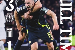 世预赛-苏格兰3-1击败希腊，积7分与榜首丹麦同分