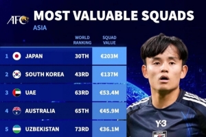 亚洲国家队身价榜：日本2.03亿欧居首，韩国1.37亿欧次席
