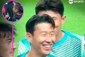 可爱对阵巴拉圭合影环节，孙兴慜与SONNY发型的小球迷打招呼