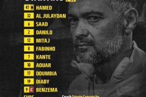 吉达联合对阵利雅得新月首发：本泽马PK努涅斯，坎特、特奥出战